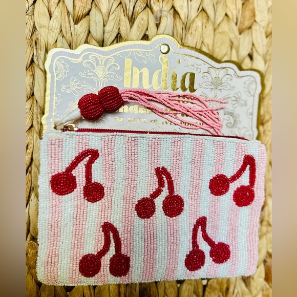 🍒 Viral TJMaxx/Marshalls Beaded Cherry Pouch – Pink & White Stripe - Picture 1 of 3